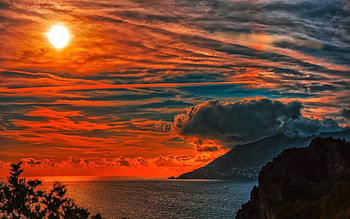 Fiery sunset, boat, sea, sky, sunset HD wallpaper