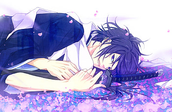Hajime Saito, sword, lying down, petals, black hair, guy, handsome HD wallpaper