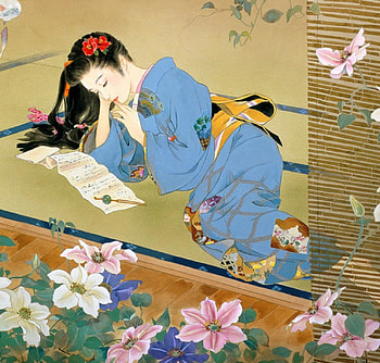 Love letter, blue, koibumi, kimono, art, asian, girl, haruyo morita HD wallpaper