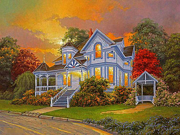 Autumn Sunset, sunlight, house, gazebo, colors, artwork, stairs, painting, trees, countryside HD wallpaper