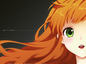 red head, anime, black background, redhead, girl, long hair, green eyes, big eyes, curly HD wallpaper