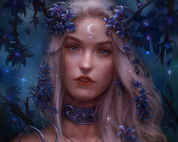 Night, blue, frumusete, art, gorgeous, girl, dark, superb, anna helme, wisteria, moon, flower, face, luna, luminos HD wallpaper