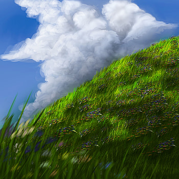 Flowers, Grass, Sky, Art, Slope HD phone wallpaper