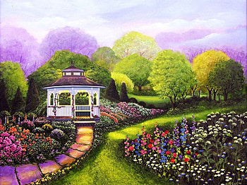 Gazebo Park, artwork, painting, plants, path, blossoms, landscape, flowers HD wallpaper