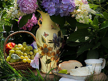 garden breakfast, still life, breakfast, teacup, garden, nature, flowers, fruits HD wallpaper