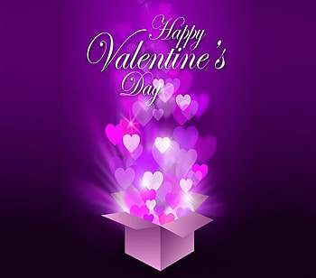 Happy Valentine's Day, purple, pink, white hearts flying, purple background, box, love, Happy Valentines Day HD wallpaper