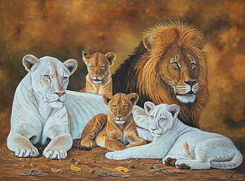 Family pride, white, gold and black, painting, cubs, male, lions, lioness HD wallpaper
