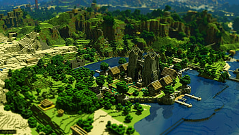Preview minecraft, trees, houses, mountains, water HD wallpaper