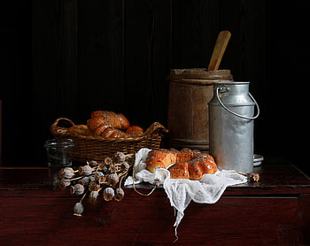 Still life, Cakes, Can, Basket, Table HD wallpaper