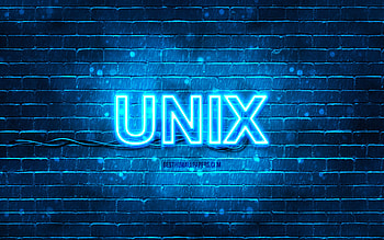 Unix blue logo, , blue brickwall, Unix logo, operating systems, Unix neon logo, Unix HD wallpaper