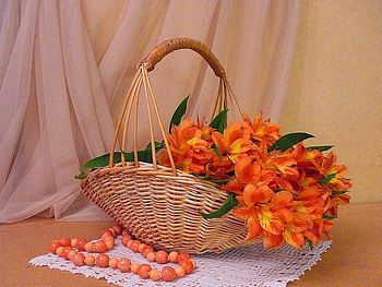 Still life, necklace, curtain, orange, nice, basket, pretty, pearls, flowers, lovely HD wallpaper