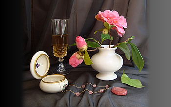Camellia Still Life, still life, glass, jewelry, camellias HD wallpaper