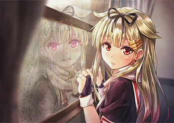 Reflection, blonde, cute, red eyes, long hair, dress, adorable, kantai collection, mirror, sweet, blond, ribbon, kawaii, anime girl, anime, kantai, lovely HD wallpaper