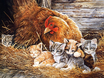 Take care of us while mom again , kitten, sweet, art, feline, cat, hen, tender, painting, hay HD wallpaper