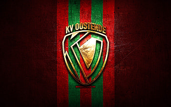 Oostende FC, golden logo, Jupiler Pro League, red metal background, football, belgian football club, KV Oostende logo, soccer, KV Oostende HD wallpaper