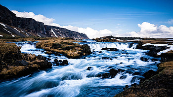 A stream besides the road in Iceland, clouds, landscape, sky, rocks HD wallpaper