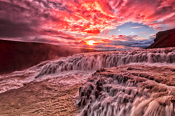 Spectacular Sunset on a Waterfall, clouds, waterfalls, nature, sunset HD wallpaper