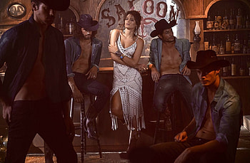 Cowgirl Morena Rosa . ., Isabeli Fontana, indoors, cowboys, style, cowgirl, fun, brunettes, fashion, shoot, saloon, girls, women, models, boots, western, female HD wallpaper