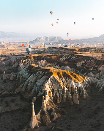 Mountains, Balloons, Rocks, Miscellanea, Miscellaneous, Multicolored, Motley, Valley HD phone wallpaper