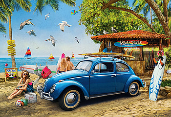VW Beetle Surf Shack, beach, car, sea, artwork, painting, trees HD wallpaper