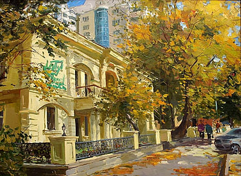 Maxim Vedernikov, painting, art, street, building, tree HD wallpaper