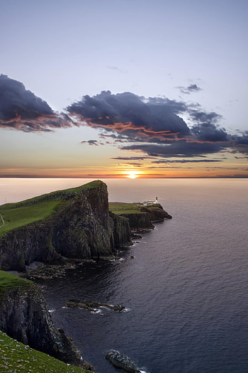 Nature, Sunset, Sea, Rock, Horizon, Lighthouse HD phone wallpaper