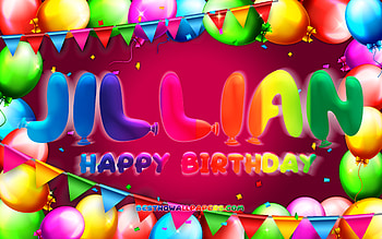 Happy Birtay Jillian, , colorful balloon frame, Jillian name, purple background, Jillian Happy Birtay, Jillian Birtay, popular american female names, Birtay concept, Jillian HD wallpaper