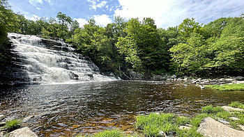 A waterfall in Poestenkill, New York, river, cascades, clouds, trees, sky, pond, usa HD wallpaper