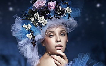 Beauty, blue, white, model, girl, woman, rose, pink, flower, hat HD wallpaper