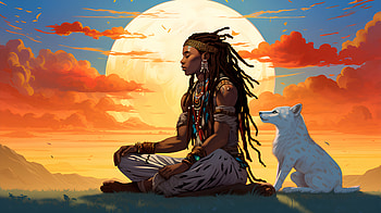 Indian(native American) meditating, scenic, AI Art, dog, sunset, meditation, artistic, native american HD wallpaper
