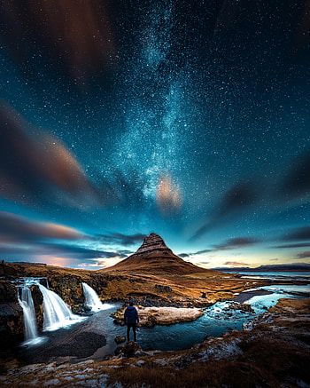 Nature, Rivers, Mountains, Waterfall, Starry Sky, Human, Person HD phone wallpaper