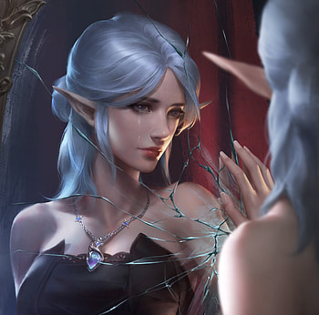 Reflection, face, girl, ck, hand, pendant, mirror, blue, ckart, frumusete, elf, jewel, fantasy HD wallpaper