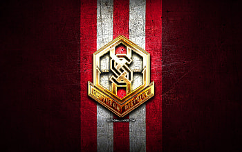 Southern District FC, golden logo, Hong Kong Premier League, red metal background, football, Hong Kong football club, Southern District FC logo, soccer, FC Southern District HD wallpaper