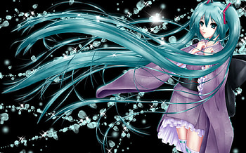 Geez Miku, black, crystal, cute, vocaloid, long hair, dress, miku, abstract, female, sexy, hatsune miku, hot, girl, dark, petal, anime girl, anime, fantasy, green, green hair HD wallpaper