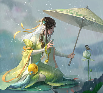 Rainy day, frumusete, bird, art, rain, gorgeous, parasol, girl, superb, fantasy, ghfartstudio, flower, yellow, green, luminos, g h f art studio, lotus, umbrella HD wallpaper