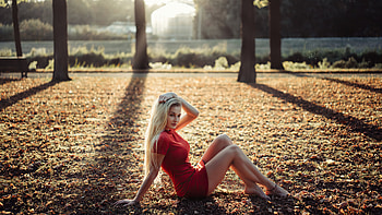 Blonde Girl Grass Sitting , blonde, girls, model, red-dress HD wallpaper