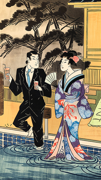 Serene Poolside Vibe: A Stylish , kimono, Japan, couple, traditional HD phone wallpaper