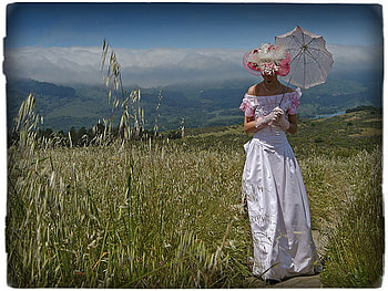 lonely walk, umbrella, lady, field, vintage HD wallpaper