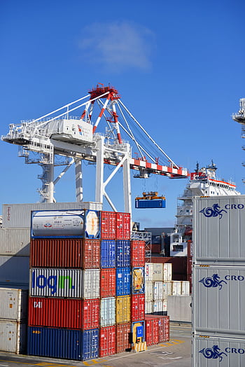 Colorful shipping containers stacked in a busy port with cranes overhead. HD phone wallpaper