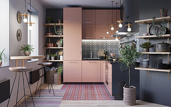 stylish kitchen design, scandinavian style, pink kitchen furniture, modern interior, kitchen, kitchen project, kitchen idea, scandinavian style in the kitchen HD wallpaper