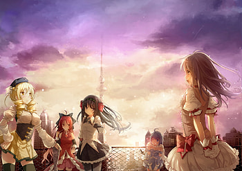 mahou shoujo madoka magica, ribbons, red eyes, long hair, dress, thighhighs, short hair, pink eyes, gun, hat, sword, blue eyes, seifuku, blue hair, pink hair, pantyhose, weapon, sky, blush HD wallpaper