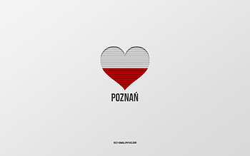I Love Poznan, Polish cities, Day of Poznan, gray background, Poznan, Poland, Polish flag heart, favorite cities, Love Poznan HD wallpaper