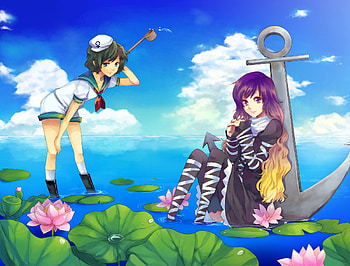 Byakuren and Murasa, river, murasa minamitsu, anchor, girl, long hair, dress, touhou, short hair, sky, byakuren hijiri, hat HD wallpaper