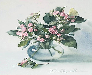 For Jackii, bouquet, leaves, painting, butterfly, vase, glass, water, tea roses HD wallpaper