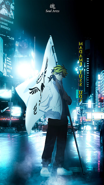 Kazutora, art, tokyorevengers, animeboy, blue, stage, light, street, glow, anime HD phone wallpaper