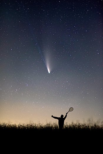 Night, Dark, Silhouette, Starry Sky, Racket, Starfall HD phone wallpaper