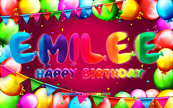 Happy Birtay Emilee, , colorful balloon frame, Emilee name, purple background, Emilee Happy Birtay, Emilee Birtay, popular american female names, Birtay concept, Emilee HD wallpaper