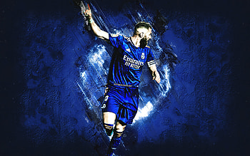 Karim Benzema, Real Madrid, blue stone background, Benzema Real, La Liga, Spain, football, grunge art HD wallpaper