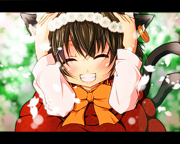 Awww, cat ears, smile, grin, chen, tail, fangs, touhou, short hair, brown hair, flowers, happy, blush HD wallpaper