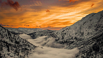 Fog over the valley near Leavenworth, Washington, hills, snow, colors, sky, mountains, sunrise, usa, winter, landscape, clouds HD wallpaper